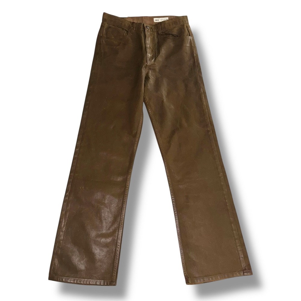Zara‎ The Waxed Pant Women US 2 Brown Relaxed Fit Straight Leg Mid Rise 6055/241